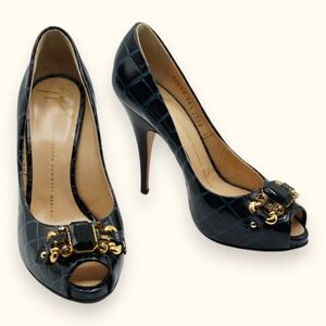 Giuseppe Zanotti Design Womens 6.5B Leather Snake Pattern Peep Toe‎ Heel 4.5"